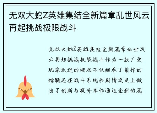 无双大蛇Z英雄集结全新篇章乱世风云再起挑战极限战斗 无双大蛇Z英雄集结全新篇章乱世风云再起挑战极限战斗
