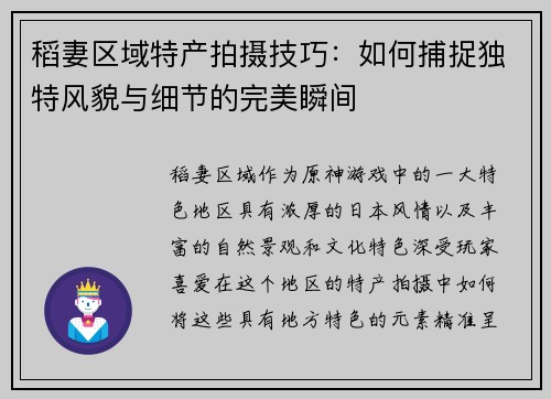 稻妻区域特产拍摄技巧:如何捕捉独特风貌与细节的完美瞬间 稻妻区域特产拍摄技巧:如何捕捉独特风貌与细节的完美瞬间